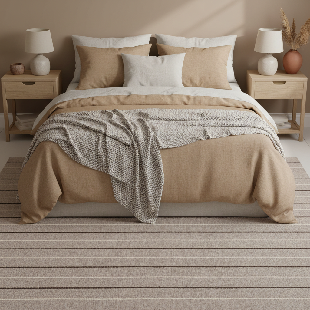 Tapete Kilim Stripe 02 en recámara clara con ambiente natural