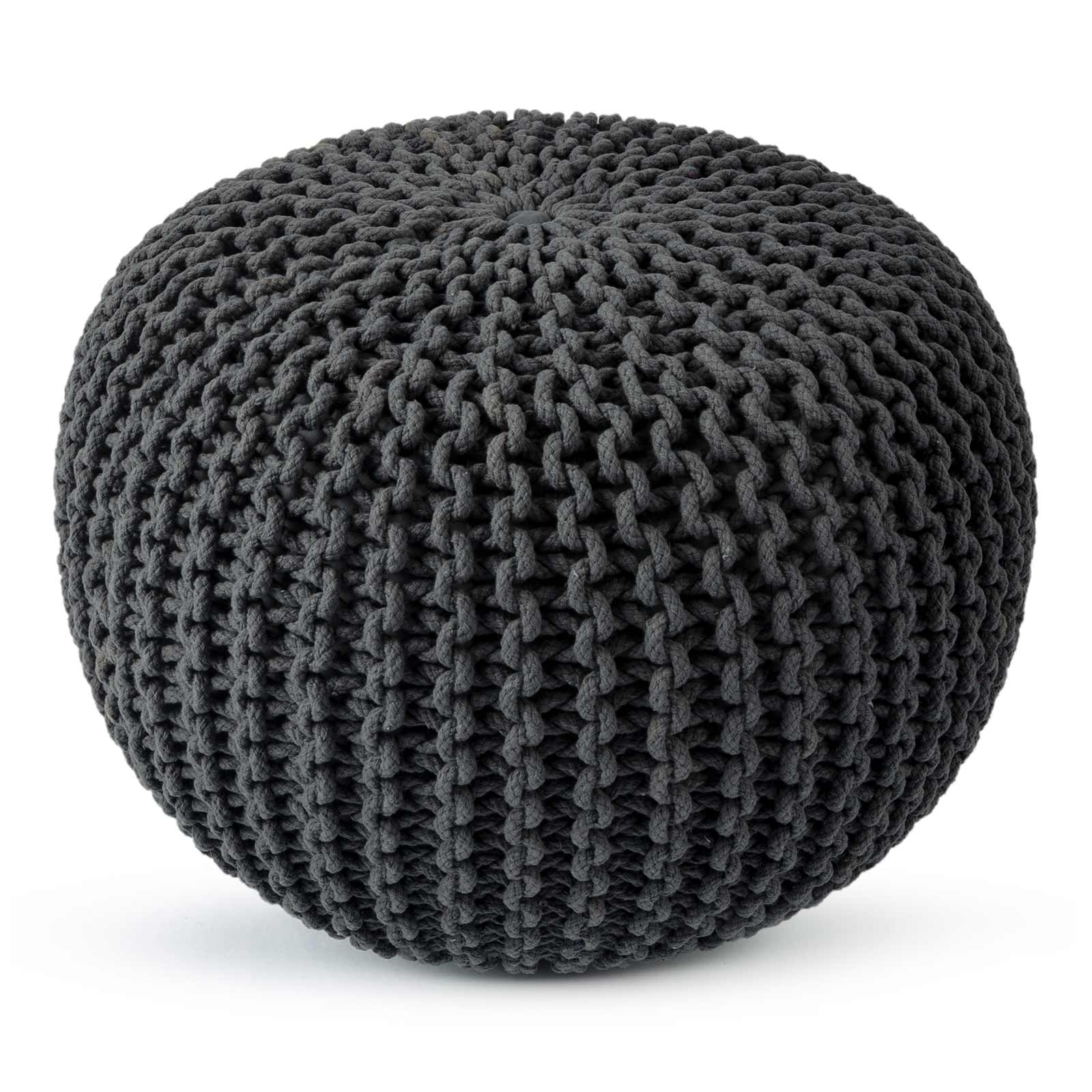 Puff redondo tejido artesanalmente en algodón color gris oxford, otomana decorativa de textura gruesa sobre fondo blanco - Tufan.