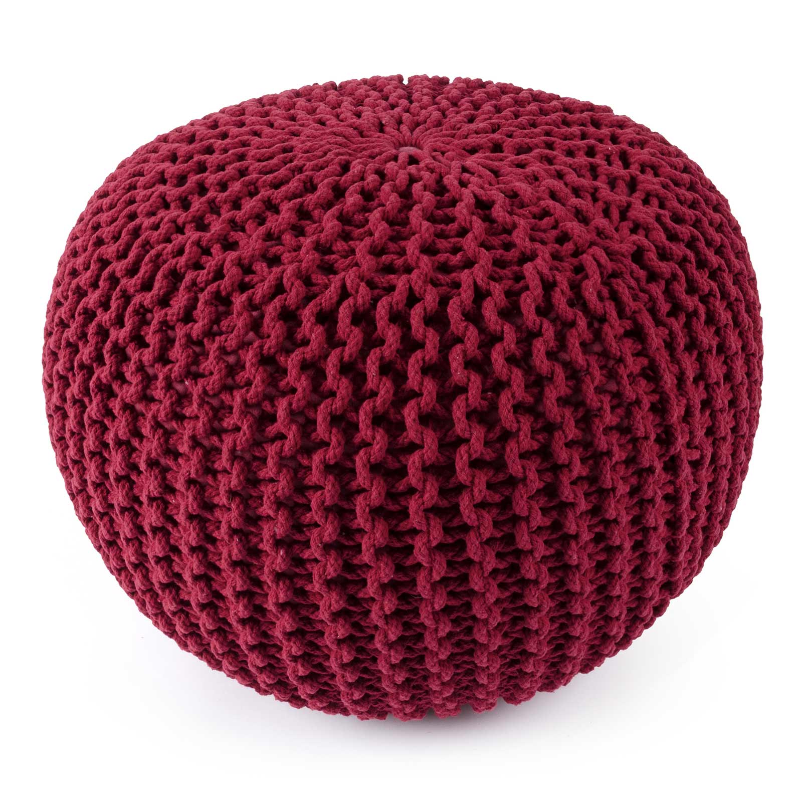 Puff otomano circular tejido a mano en algodón color rojo intenso, asiento decorativo de textura artesanal sobre fondo blanco - Tufan.