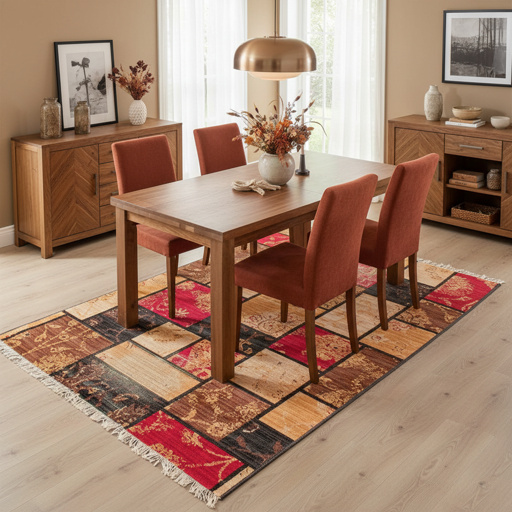 Tapete patchwork étnico en comedor con mesa y sillas de madera