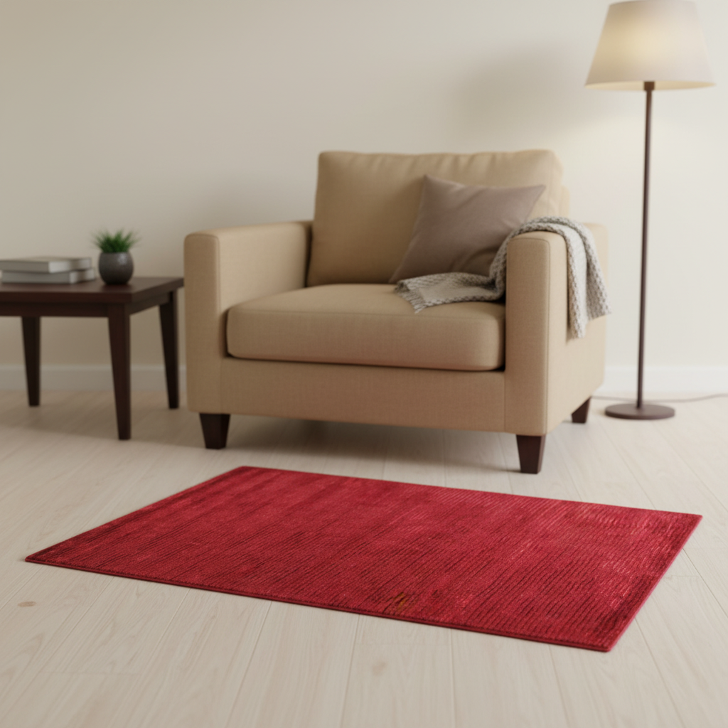 Tapete Sona 02 rojo en sala moderna con sillón y decoración cálida