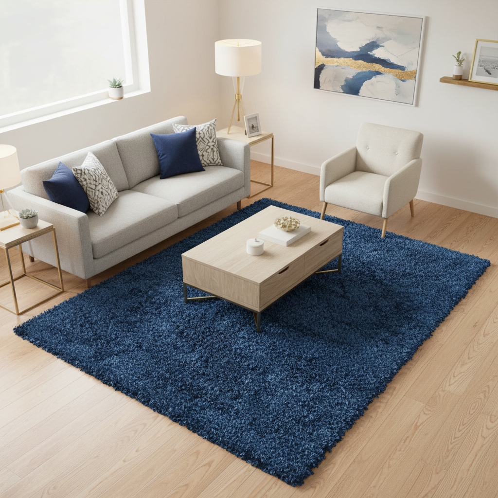 Tapete Shaggy Premium 04 azul marino en sala luminosa y elegante
