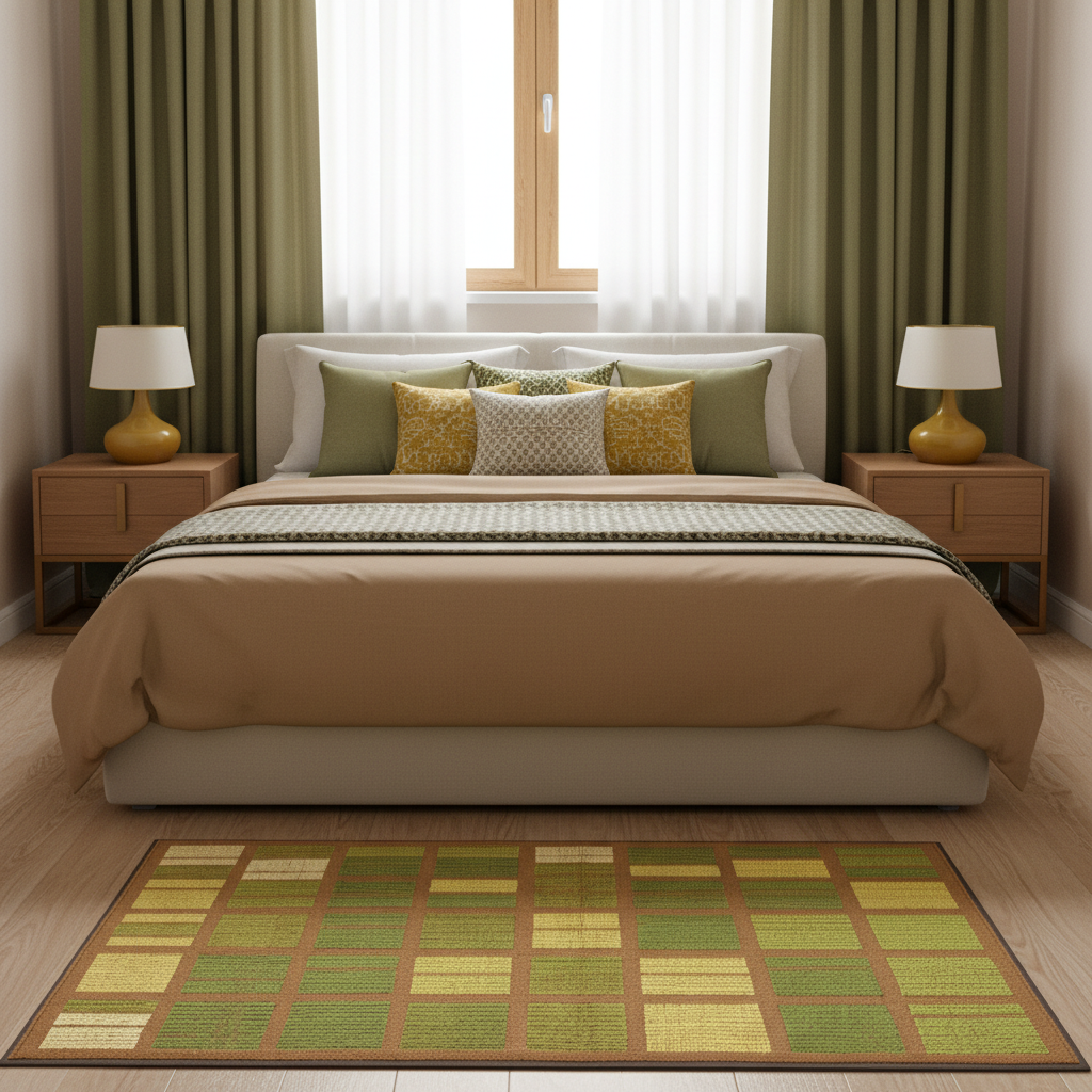 Tapete Dhurrie 02 en recámara con cama y cortinas verdes