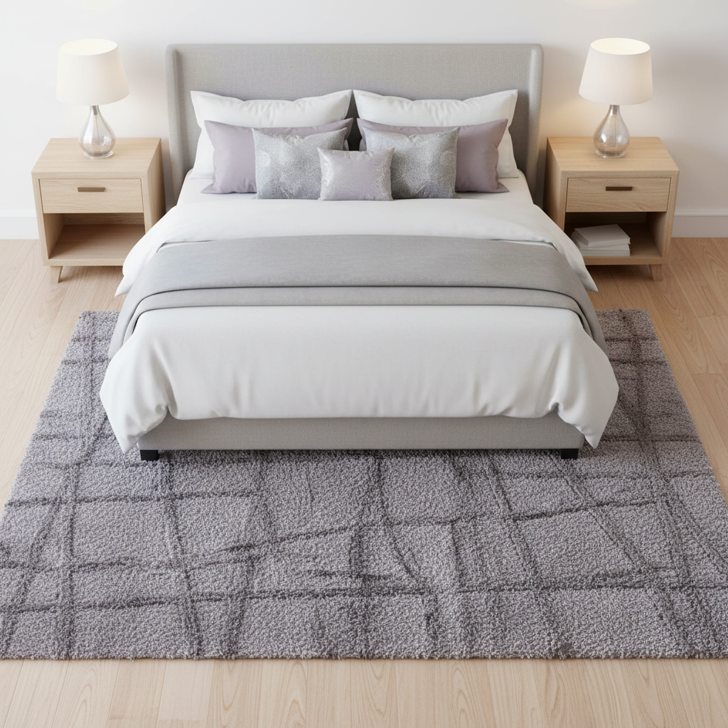 Tapete shag gris en recámara con cama blanca y ambiente acogedor
