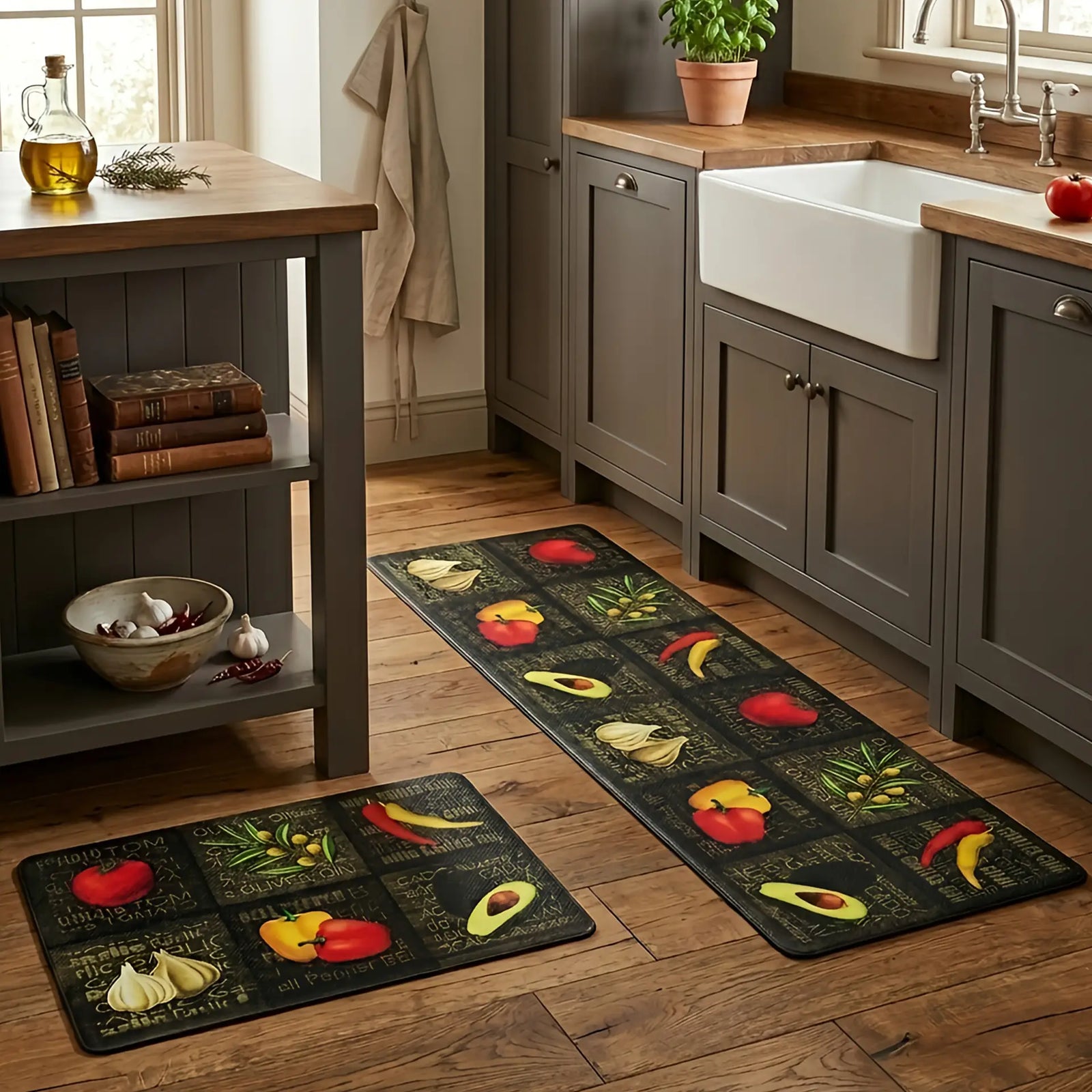 Cocina contemporánea con muebles grises y piso de madera, decorada con el set de tapetes antifatiga de vegetales frente al área del fregadero - Tufan