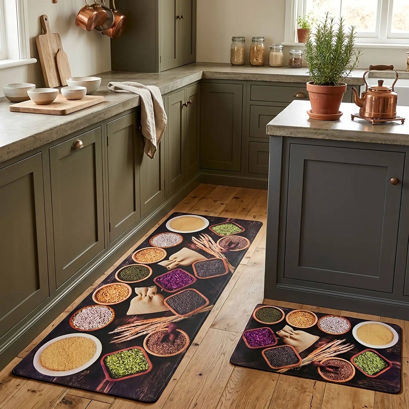 Cocina de estilo rústico con muebles verde oliva y piso de madera, decorada con el set de tapetes antifatiga de granos y especias - Tufan