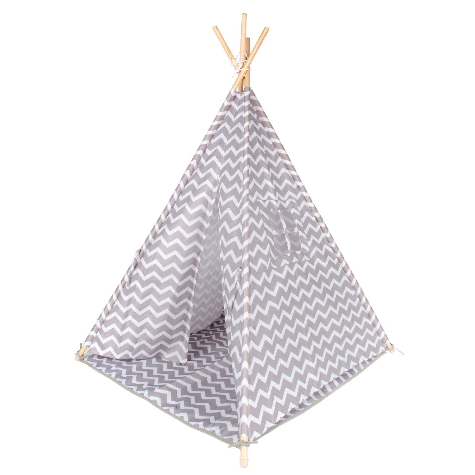 Tipi infantil con diseño de zig-zag en color gris y blanco, varillas de madera natural y base acolchada sobre fondo blanco - Tufan