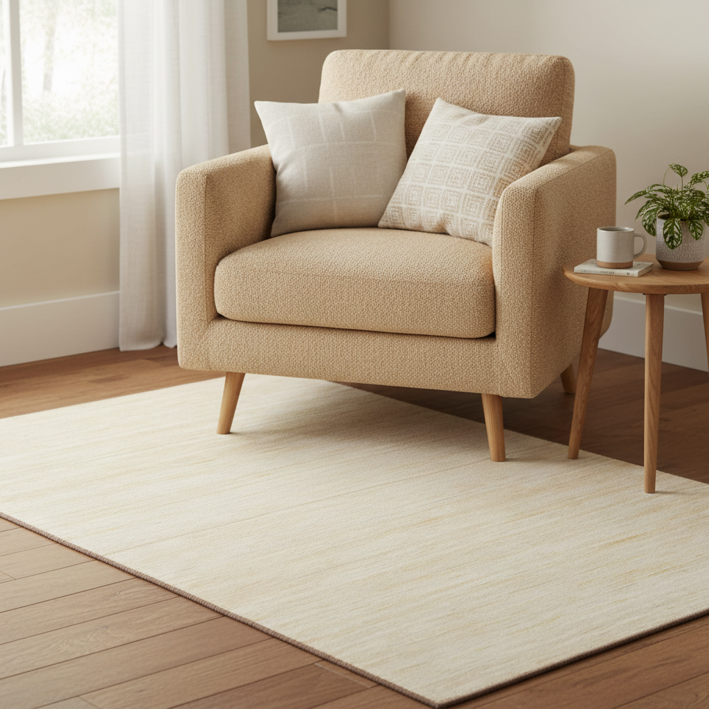 Tapete Vedic 03 beige en sala moderna con sillón beige y cojines