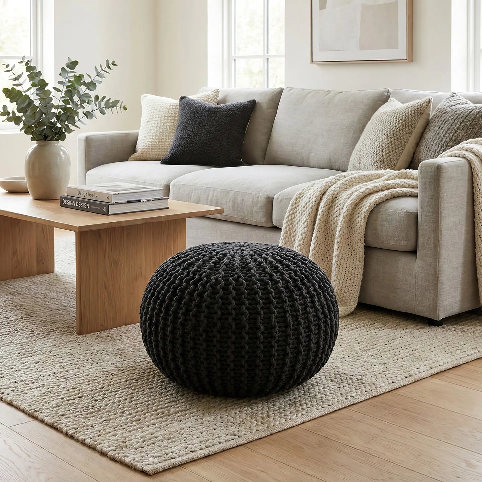 Decoración de sala con sofá gris claro, mesa de madera y puff tejido color oxford resaltando sobre una alfombra de textura natural - Tufan.