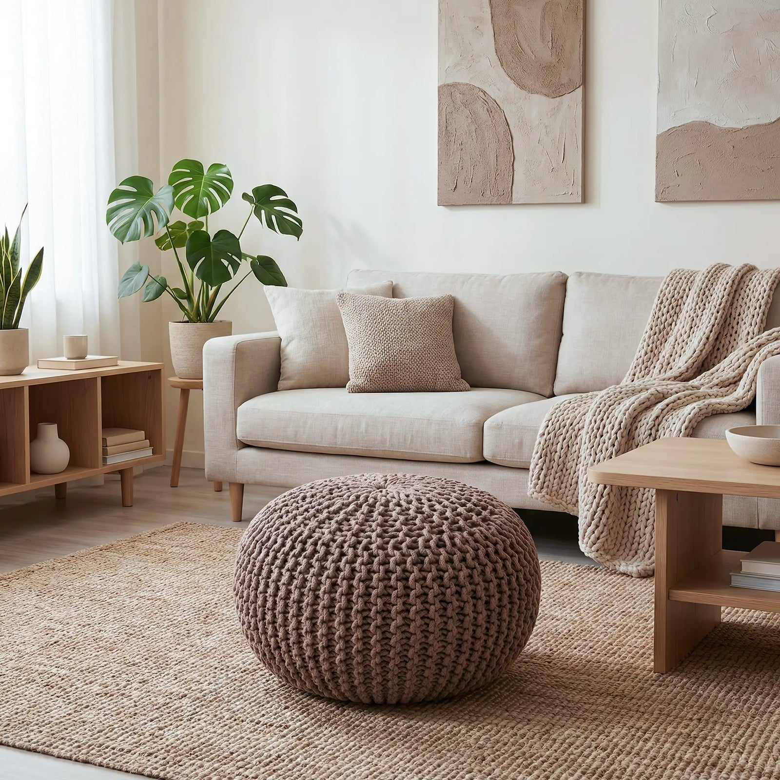 Sala moderna con decoración minimalista, alfombra de yute y puff tejido rosa como pieza central decorativa - Tufan.