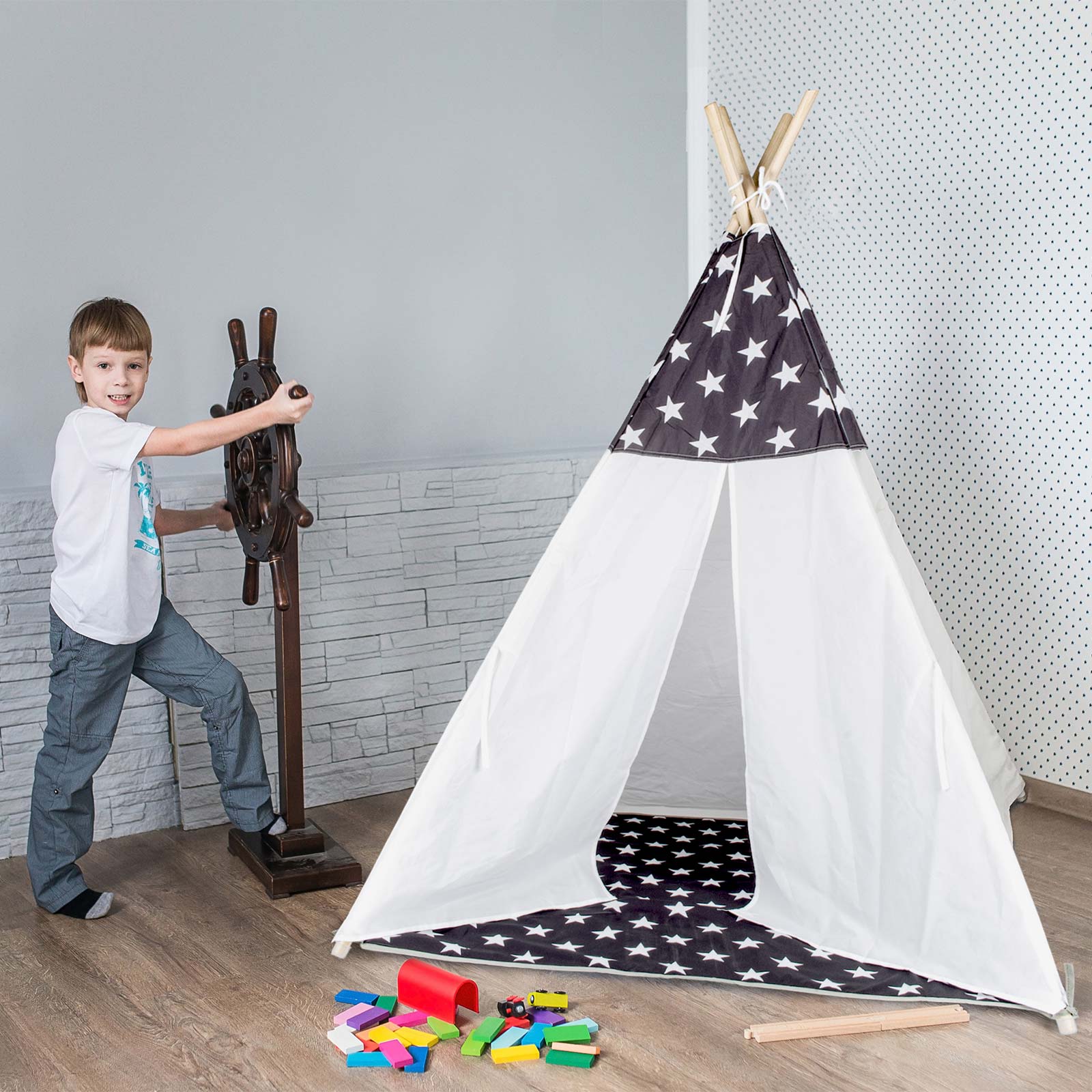 Tipi Tienda Recreativa Infantil, Blanco con Gris Estrellas