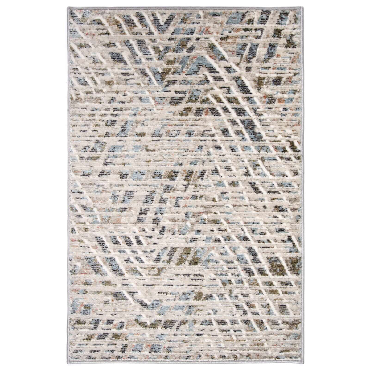 Tapete decorativo Astral 02 de origen turco con patrón geométrico de líneas entrecruzadas en colores beige, gris y azul para interiores modernos - Marca Tufan.