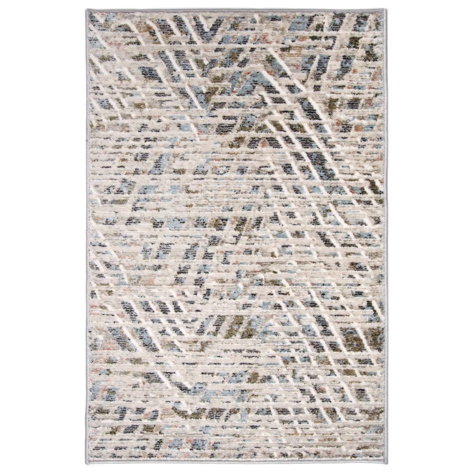 Tapete decorativo Astral 02 de origen turco con patrón geométrico de líneas entrecruzadas en colores beige, gris y azul para interiores modernos - Marca Tufan.
