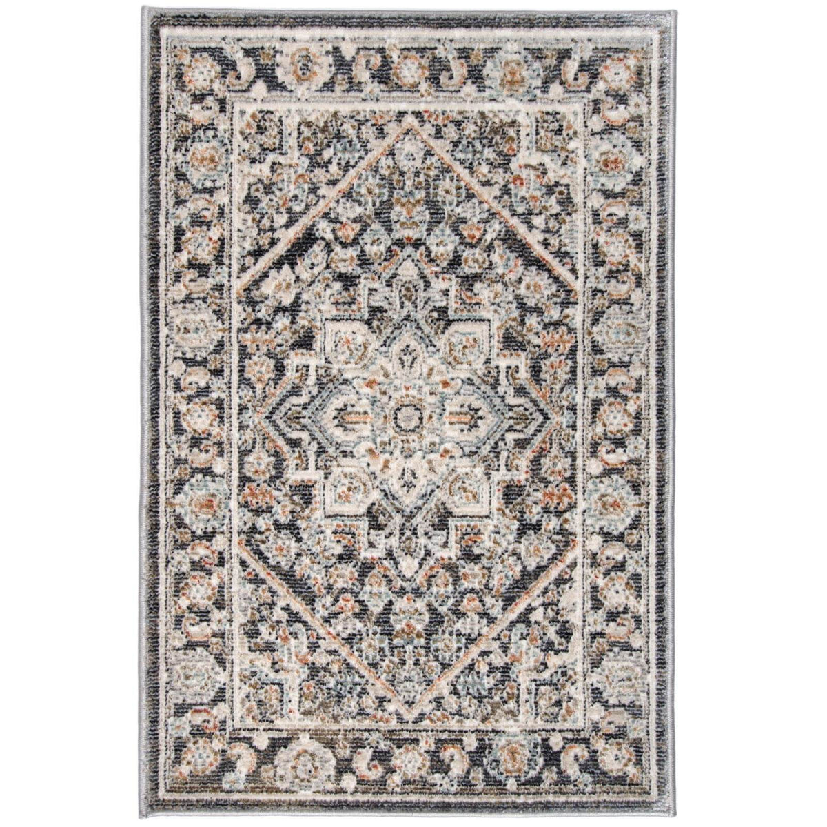 Tapete decorativo Astral 03 de origen turco con diseño tradicional de medallón en colores negro, gris y crema para sala o pie de cama - Marca Tufan.