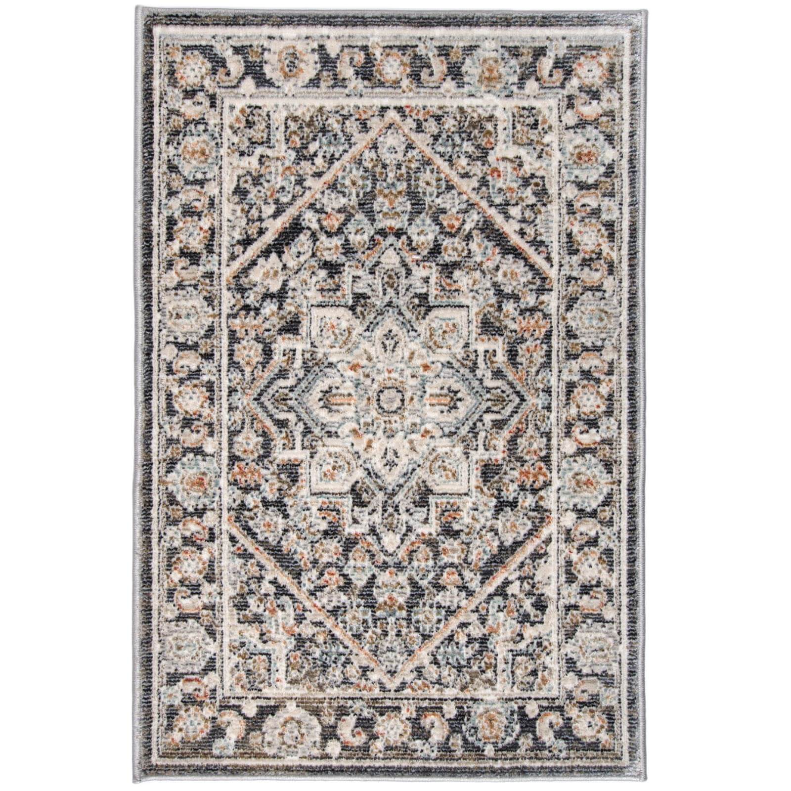 Tapete decorativo Astral 03 de origen turco con diseño tradicional de medallón en colores negro, gris y crema para sala o pie de cama - Marca Tufan.