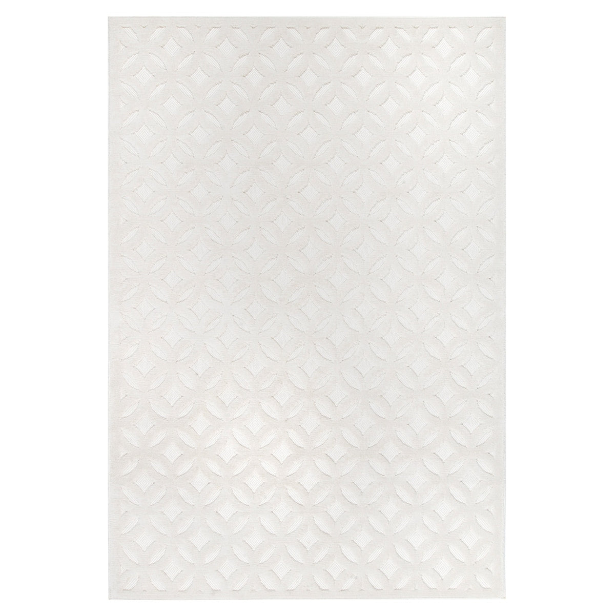 Tapete geométrico color blanco hueso con patrón de círculos entrelazados en relieve