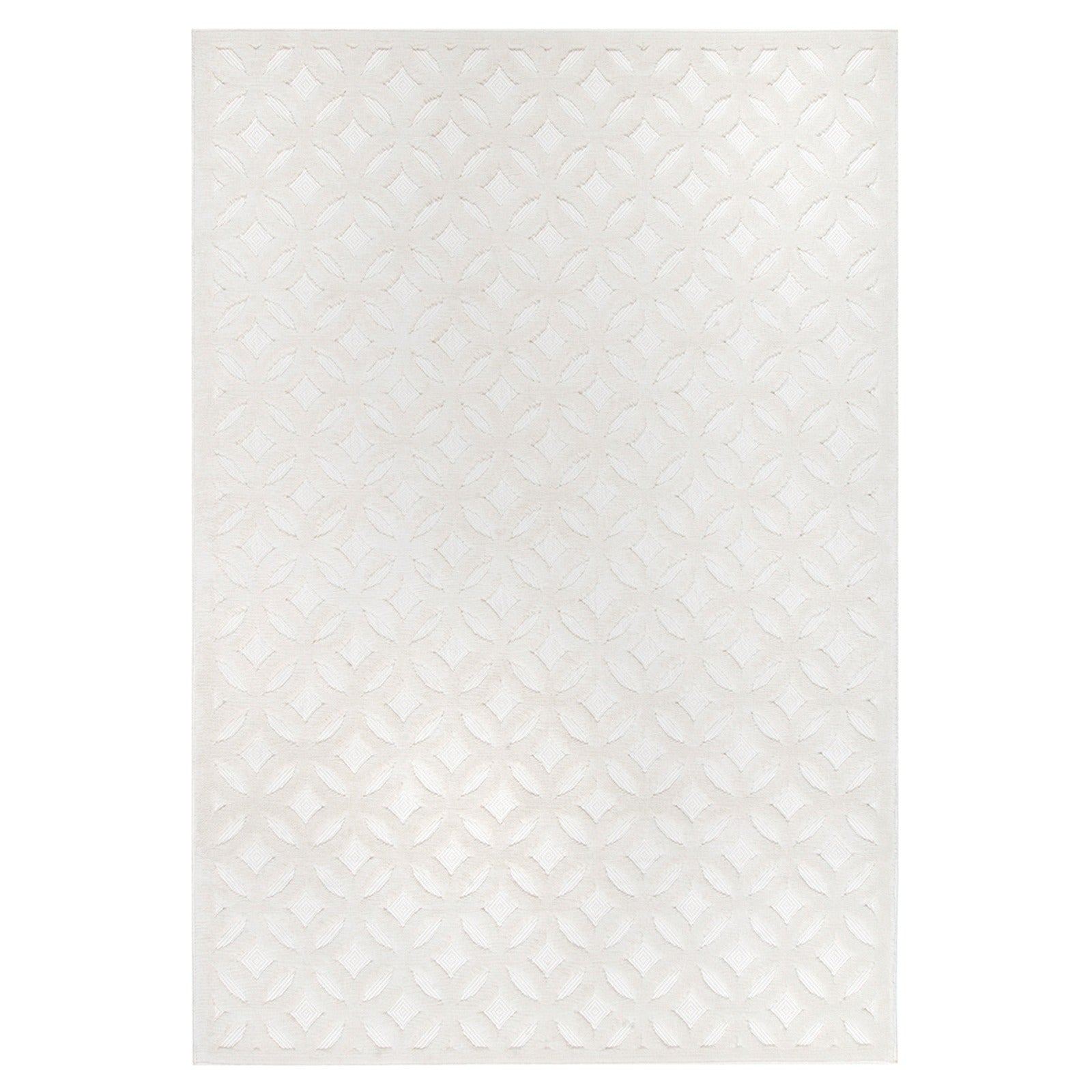 Tapete geométrico color blanco hueso con patrón de círculos entrelazados en relieve