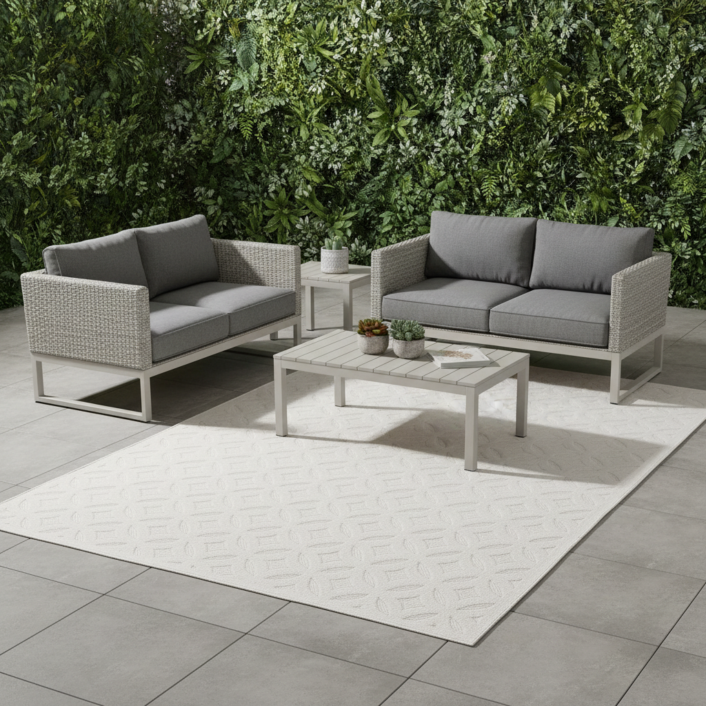 Tapete geométrico blanco para exterior en terraza con sillones grises