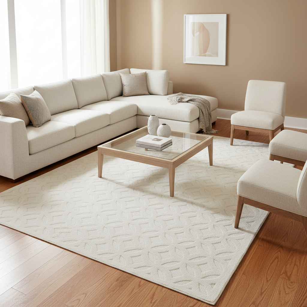Tapete blanco geométrico decorando sala de estilo cálido con sillón beige