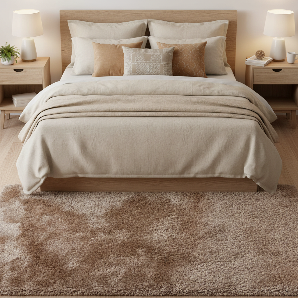 Tapete Shaggy Austin 03 beige en recámara con cama y cojines cálidos