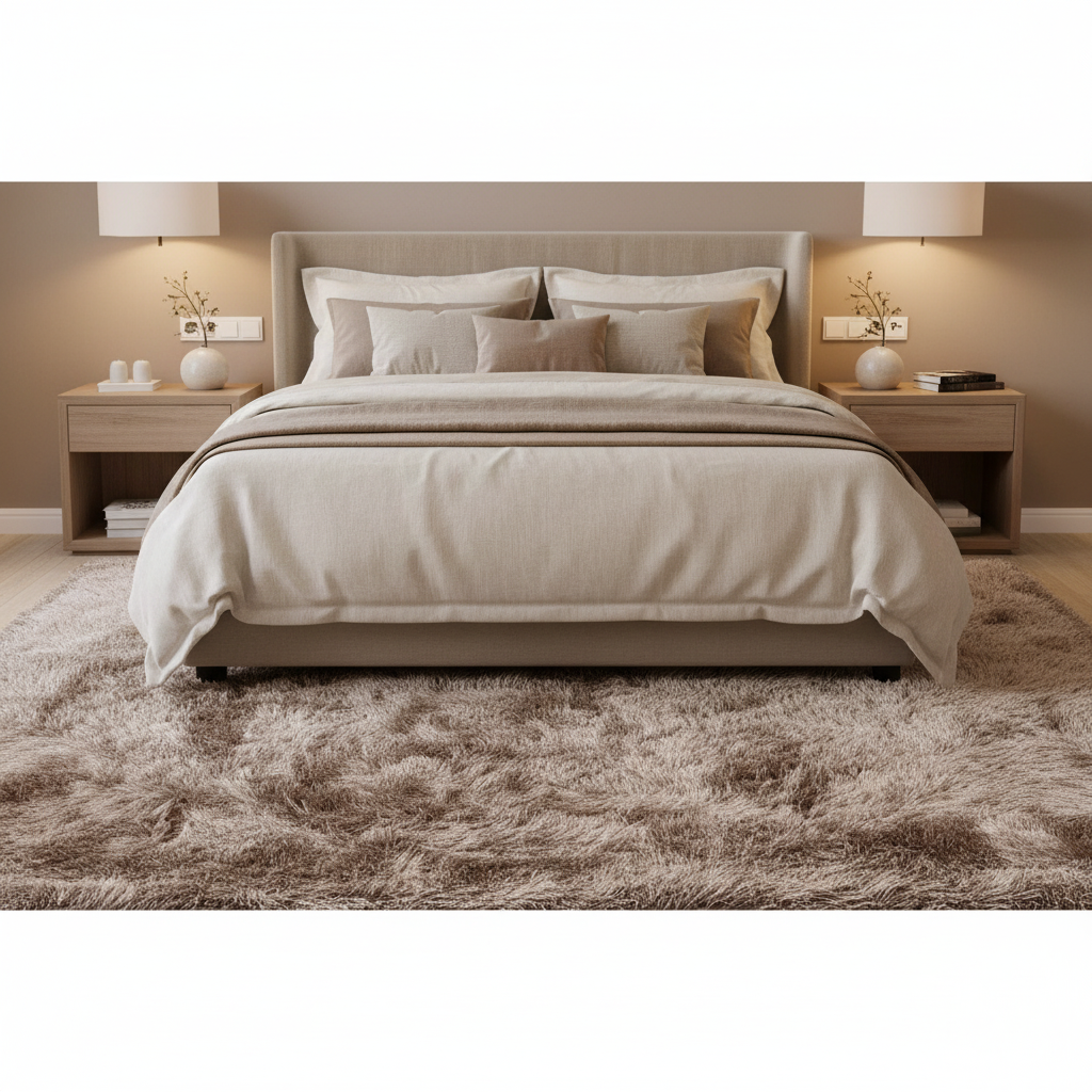 Tapete Shaggy Austin 02 gris topo en recámara con cama blanca