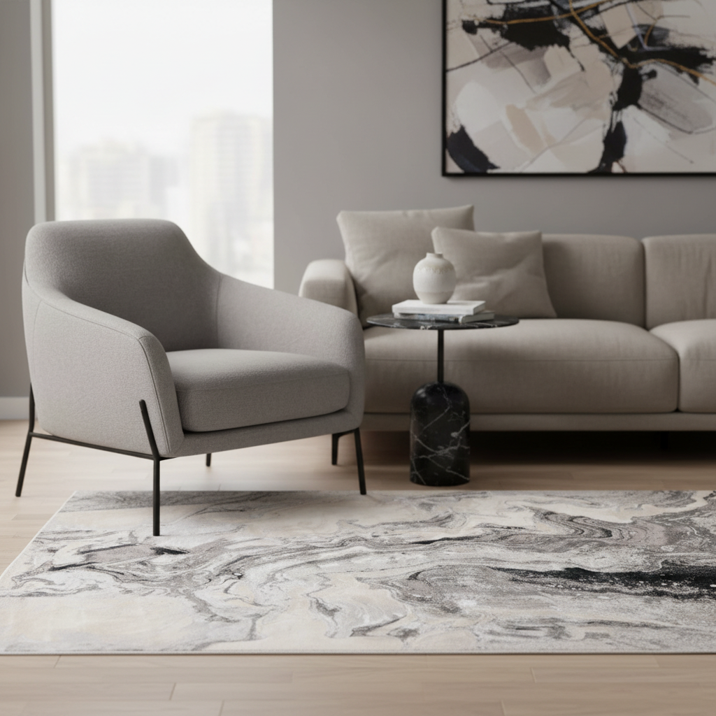 Tapete efecto mármol decorando sala contemporánea con sillón gris