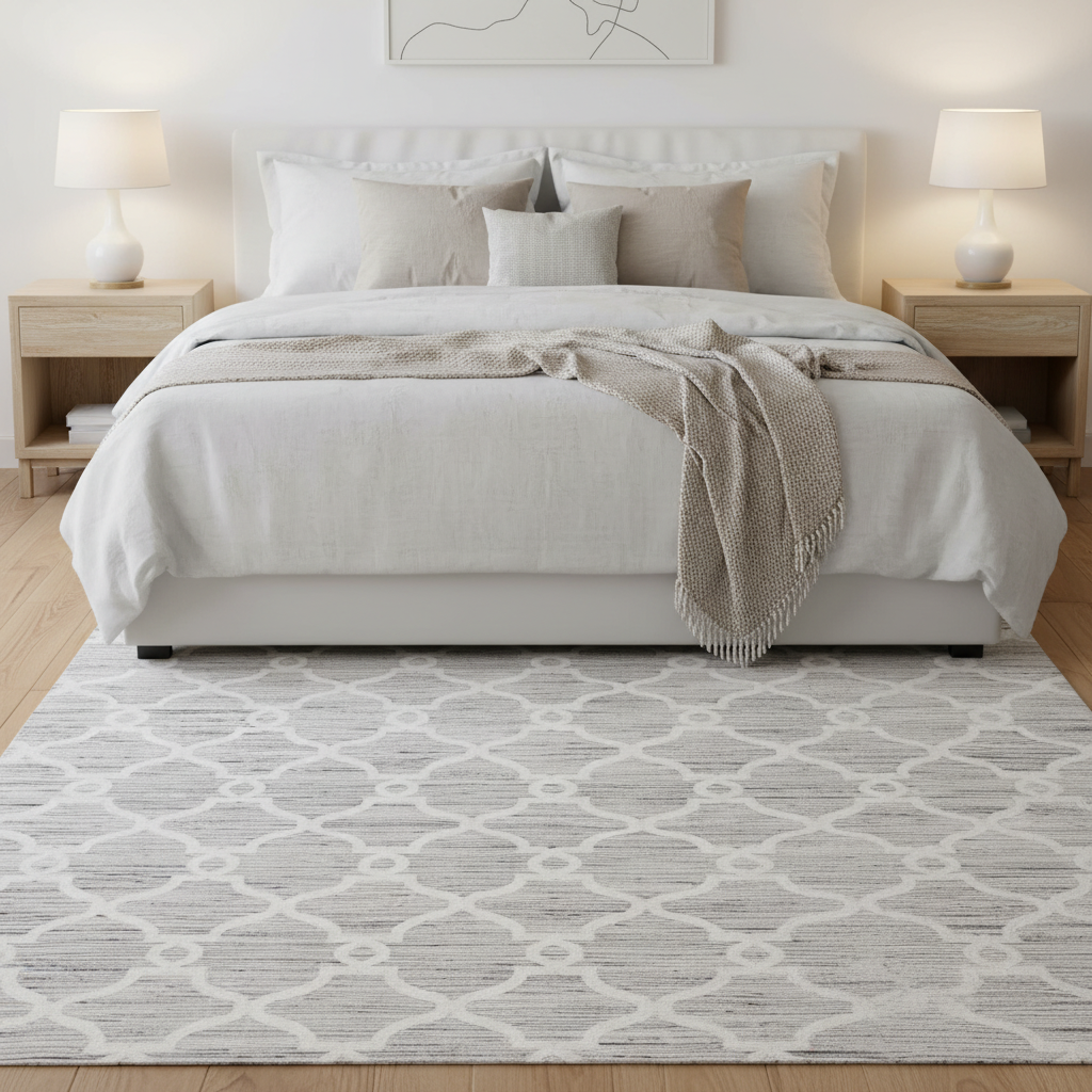 Tapete gris de enrejado en recámara junto a cama blanca, estilo moderno