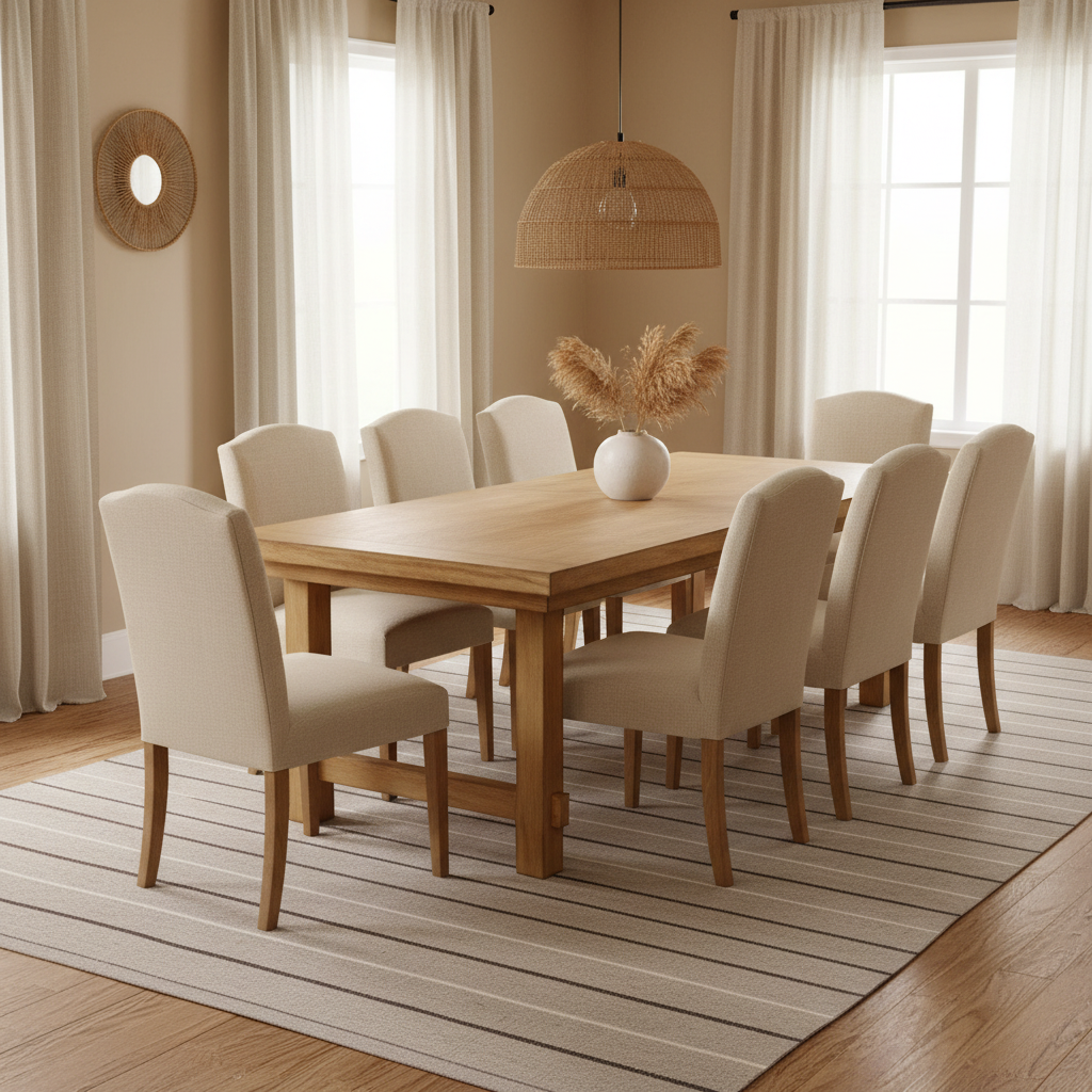 Tapete Kilim Stripe 02 en comedor con mesa y sillas de madera
