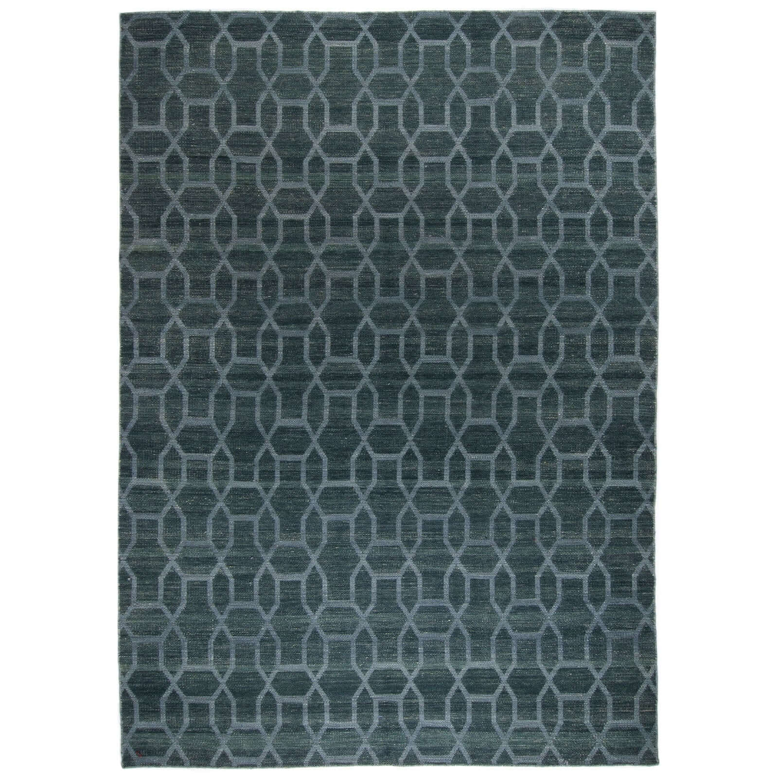 Tapete artesanal Kilim Linka 04 de lana y algodón con diseño geométrico moderno en tonos azules verdosos de la marca Tufan.