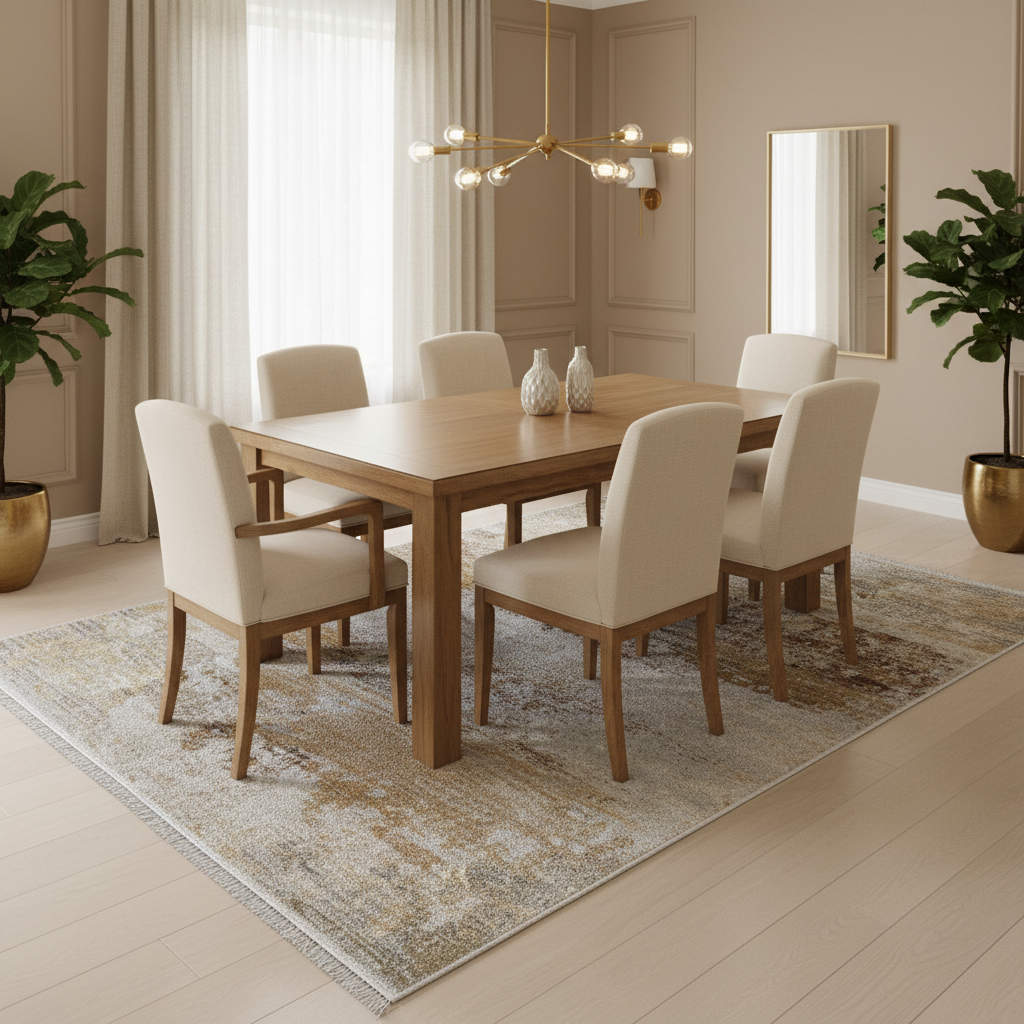Tapete de diseño abstracto bajo mesa de comedor de madera con sillas neutras