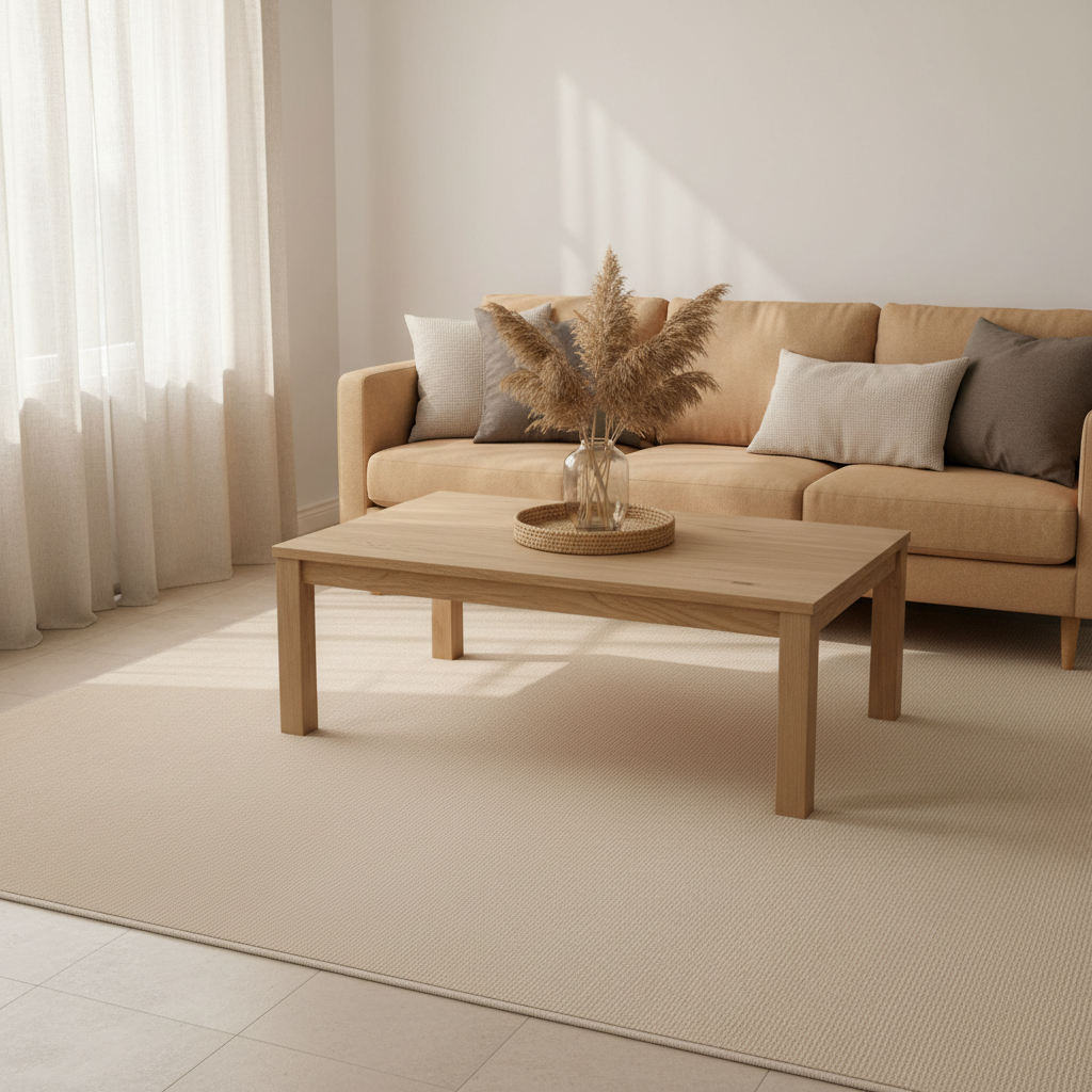 Tapete beige liso en sala acogedora con sillón beige y cojines decorativos