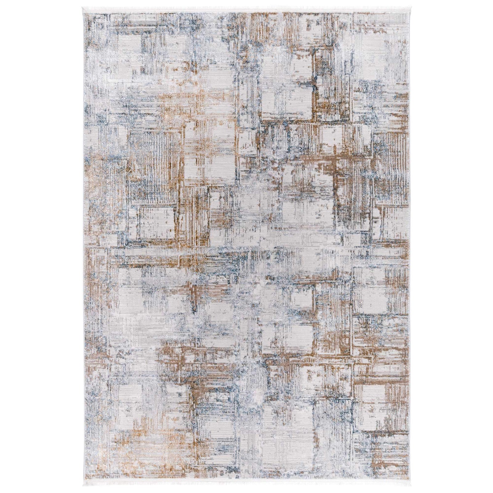 Tapete decorativo Obsesion 03 de origen turco con diseño abstracto de cuadros desgastados en colores beige, crema y azul acero para sala o comedor - Marca Tufan.