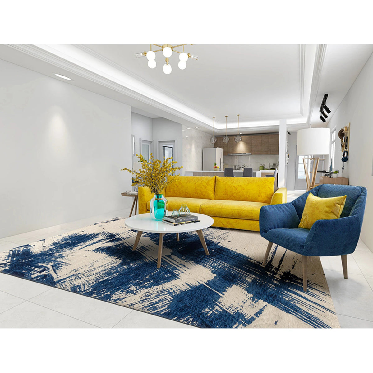 Tapete de pinceladas azul marino en sala contemporánea con acento amarillo