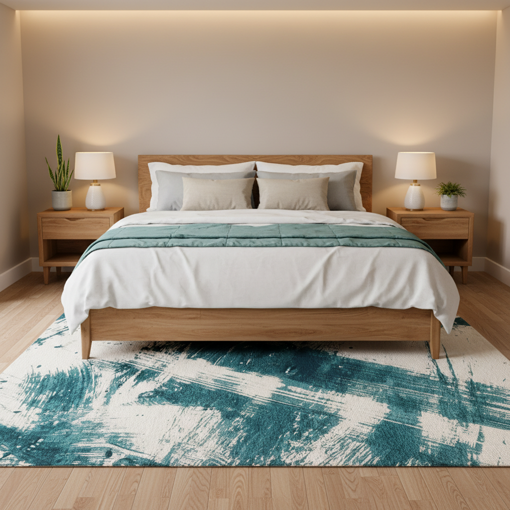 Tapete abstracto azul petróleo colocado a los pies de la cama en recámara moderna