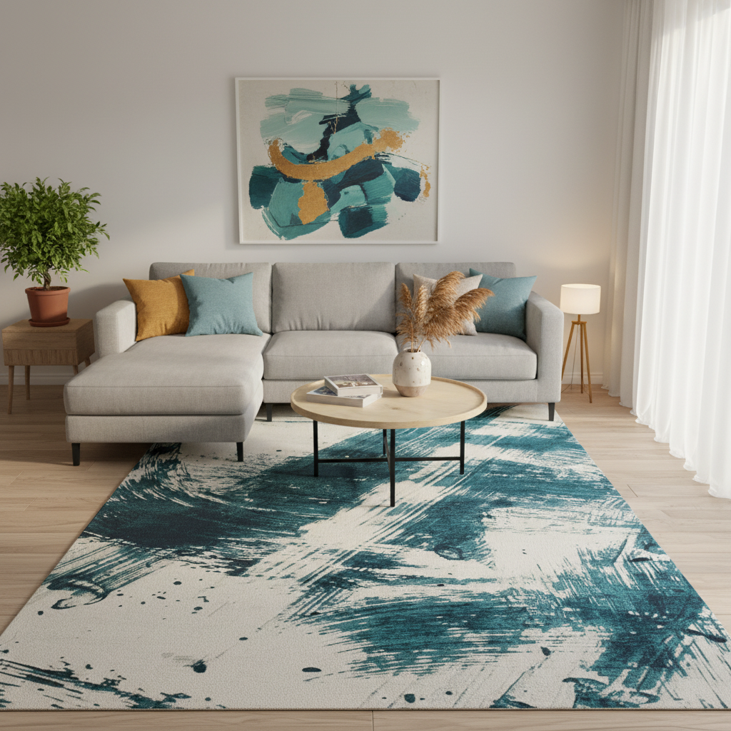 Tapete de pinceladas azul petróleo decorando sala con sillón beige y cojines de color