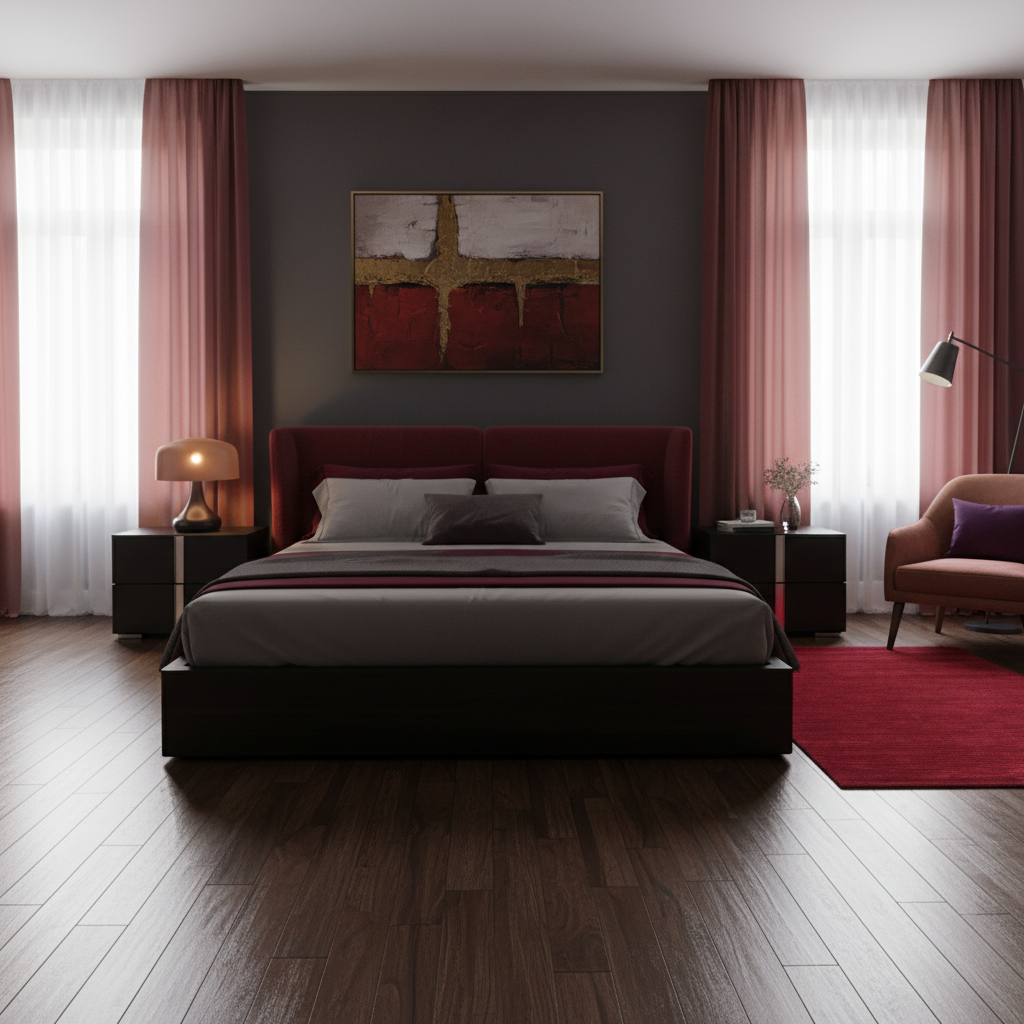 Tapete Sona 02 rojo en recámara con ambiente elegante y dramático