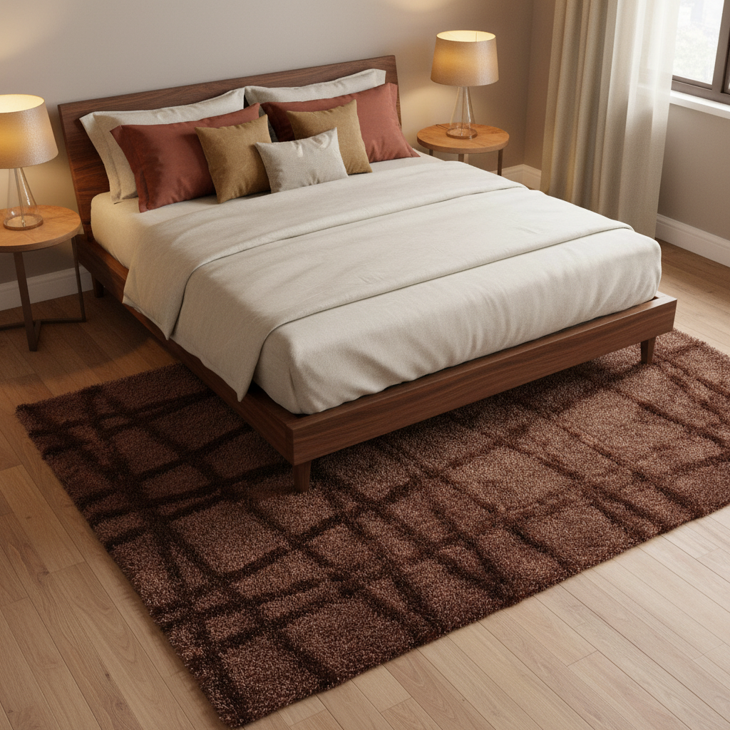 Tapete shag café en recámara con cama blanca y ambiente acogedor