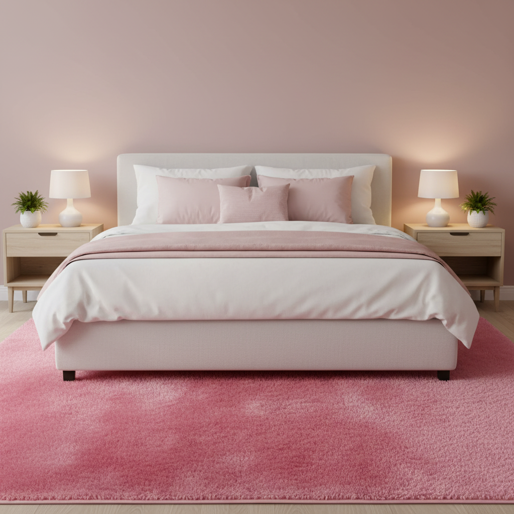 Tapete Shaggy Enzo 08 rosa en recámara con cama y cojines a juego