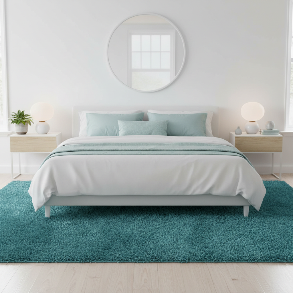 Tapete Shaggy Premium 02 turquesa en recámara con cama blanca