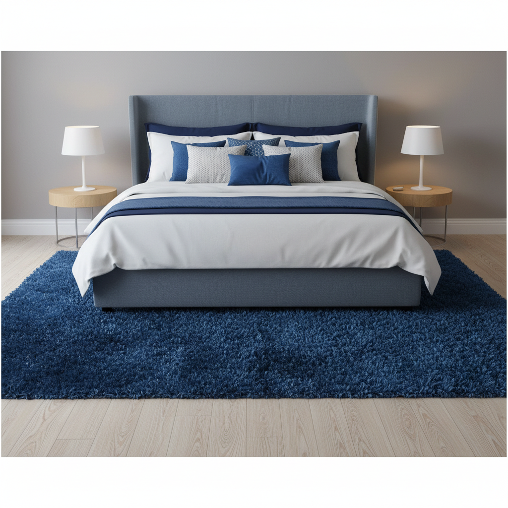 Tapete Shaggy Premium 04 en recámara con cama gris y cojines a tono