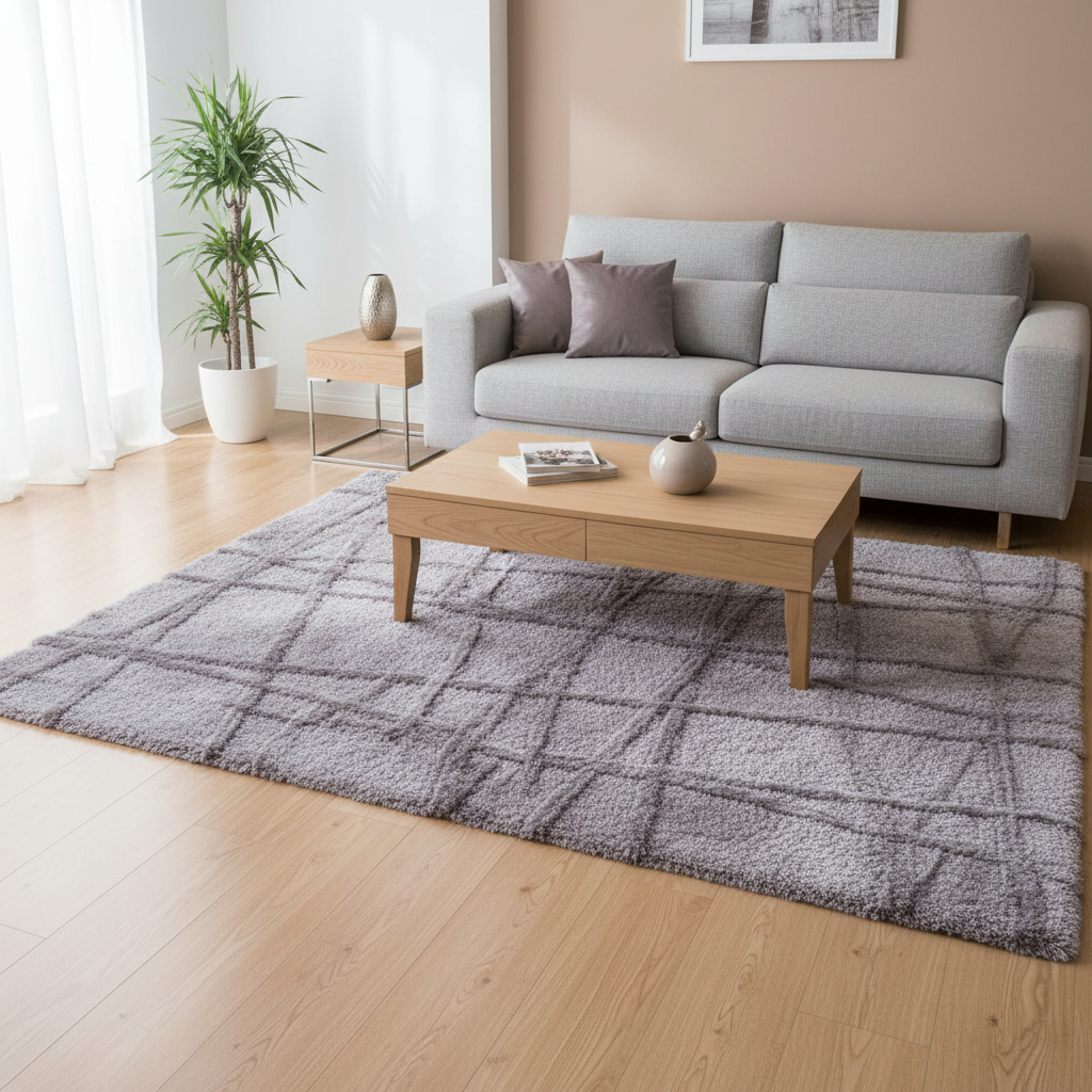 Tapete shag gris con textura suave y diseño de líneas tipo cuadrícula
