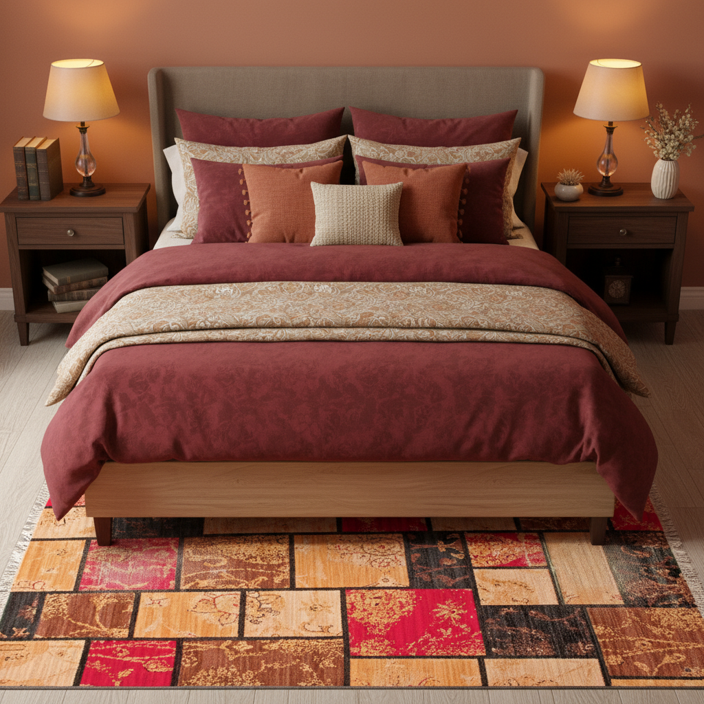 Tapete patchwork étnico en recámara con cama y cojines en tonos cálidos
