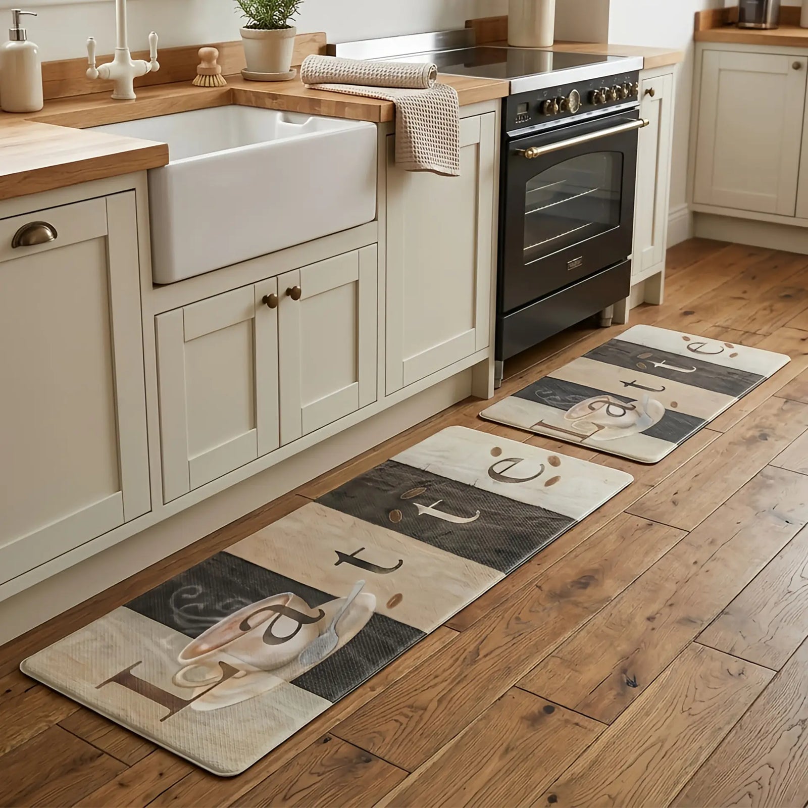 Cocina rústica con gabinetes beige y piso de madera, decorada con el set de tapetes antifatiga Latte frente al fregadero y la estufa - Tufan