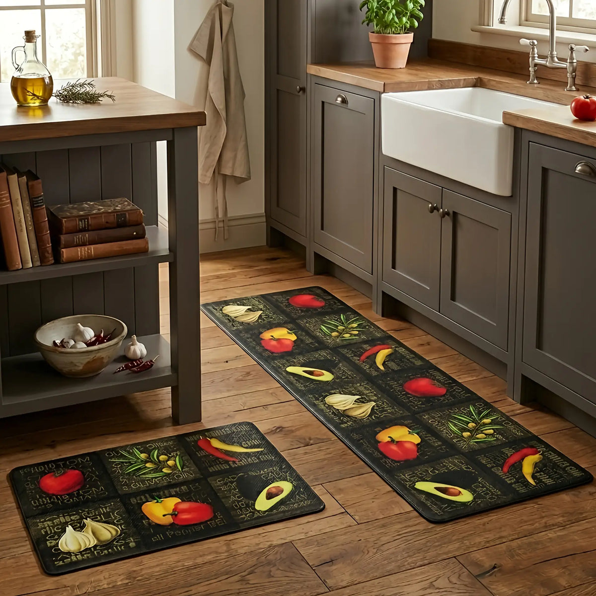Cocina contemporánea con muebles grises y piso de madera, decorada con el set de tapetes antifatiga de vegetales frente al área del fregadero - Tufan