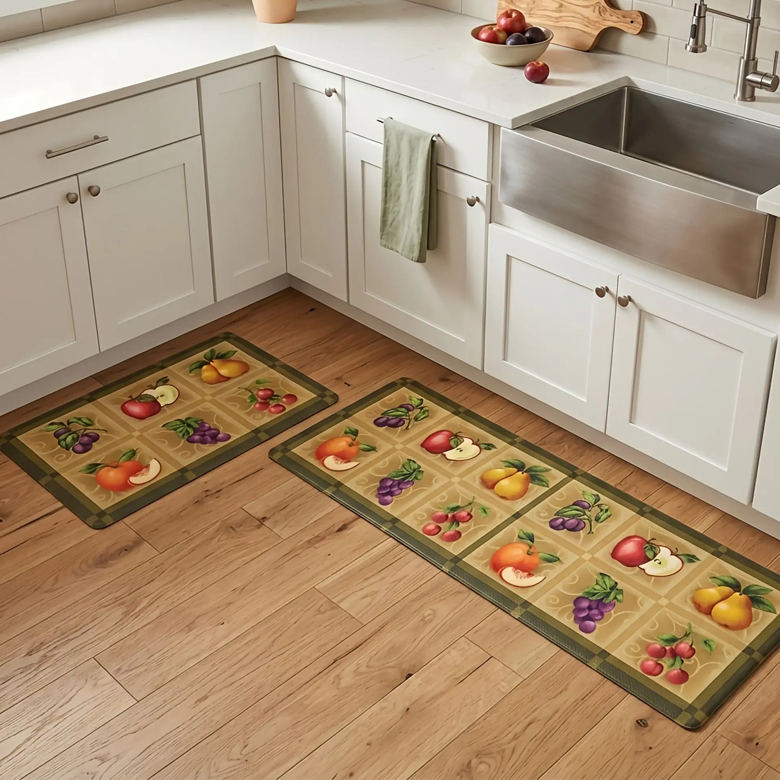 Cocina clásica con gabinetes blancos y piso de madera, decorada con el set de tapetes antifatiga de frutas frente al fregadero - Tufan