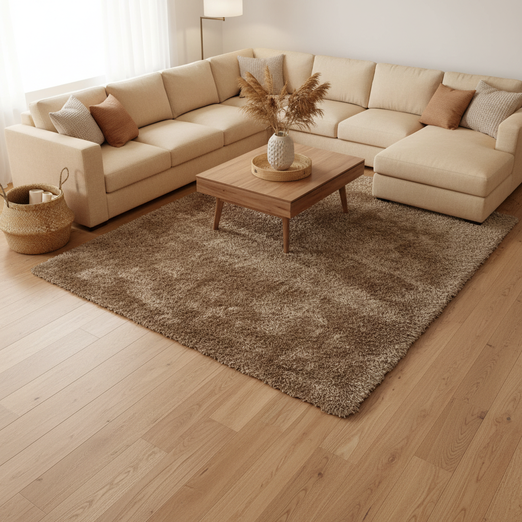 Tapete Shaggy Enzo 04 beige  en sala luminosa y moderna