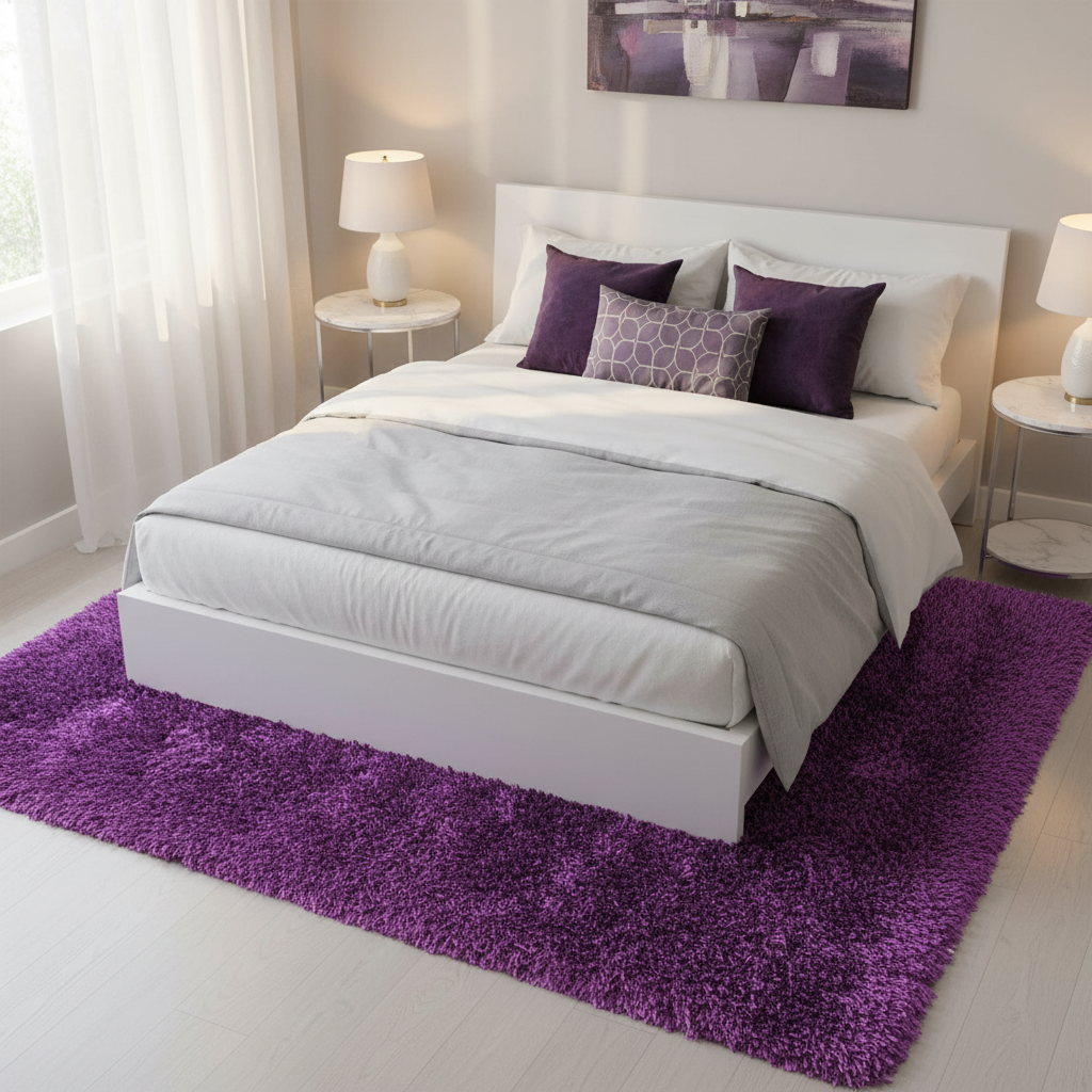Tapete Shaggy Enzo 03 morado en recámara con cama blanca y contraste