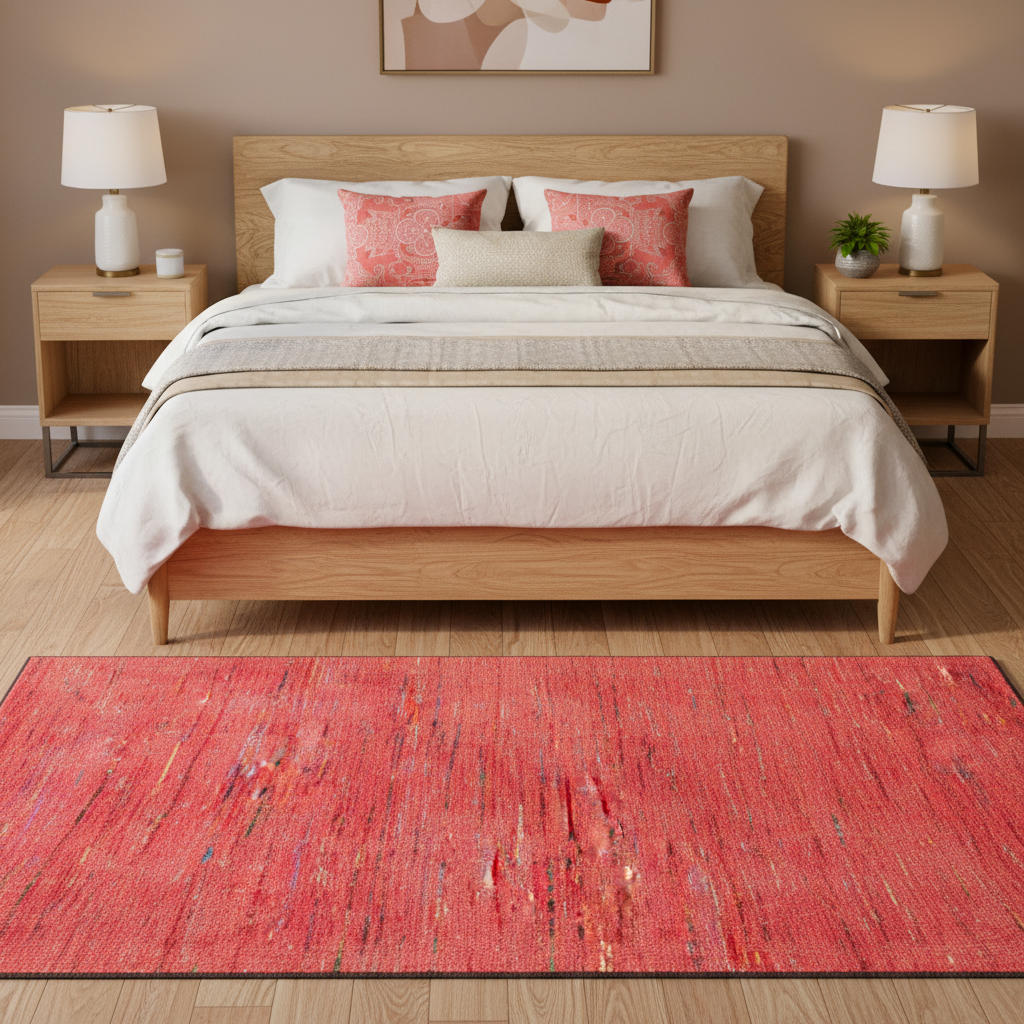 Tapete Mercury 04 rojo en recámara con cama blanca y ambiente cálido