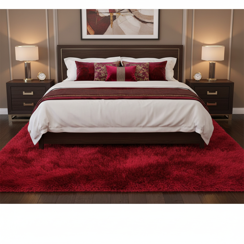 Tapete Shaggy Enzo 09 rojo en recámara con cama blanca y acentos rojos
