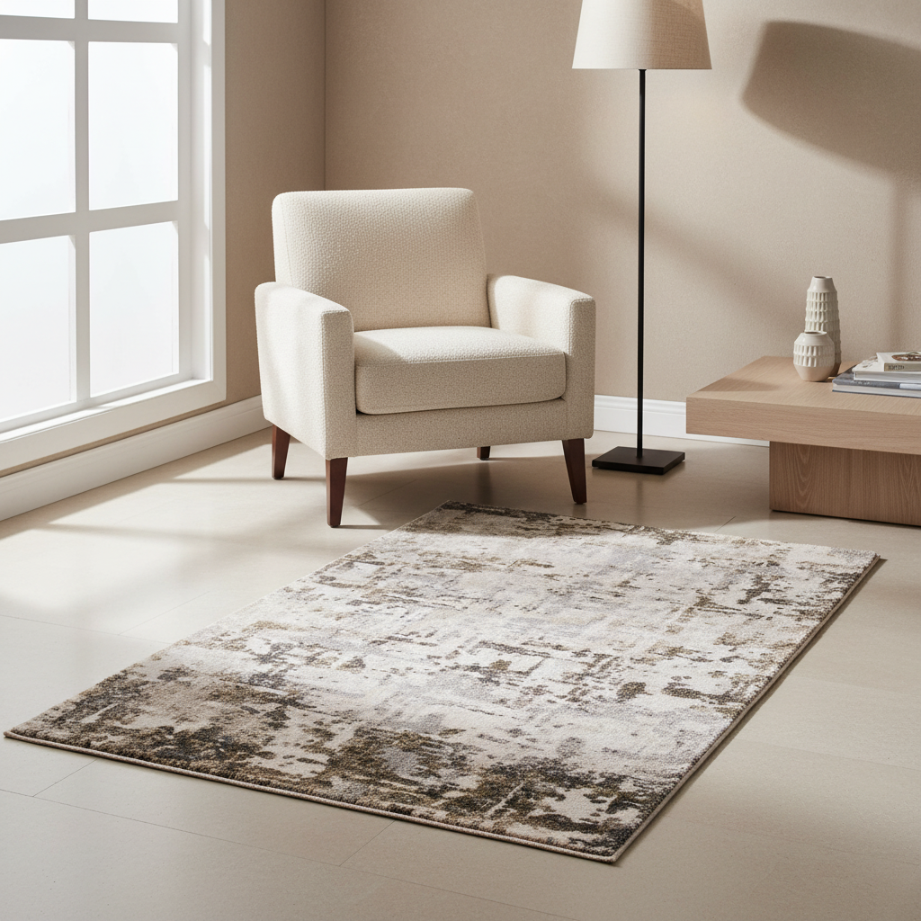 Tapete decorativo Ayana 2021 B de origen turco con diseño abstracto moderno en colores beige, crema y gris oscuro para sala o recámara - Marca Tufan.